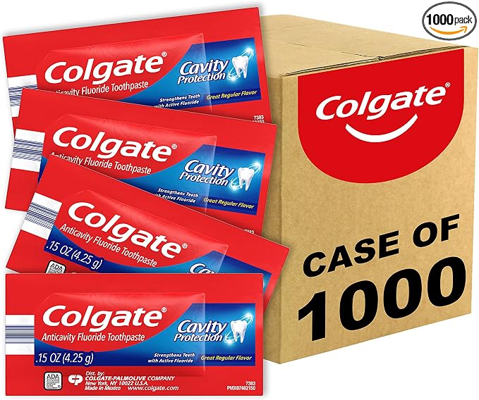 Colgate Cavity Protection Toothpaste with Fluoride, Great Regular Flavor, Travel Size Toothpaste, 0.15 Ounce Sachet, 1000 Pack