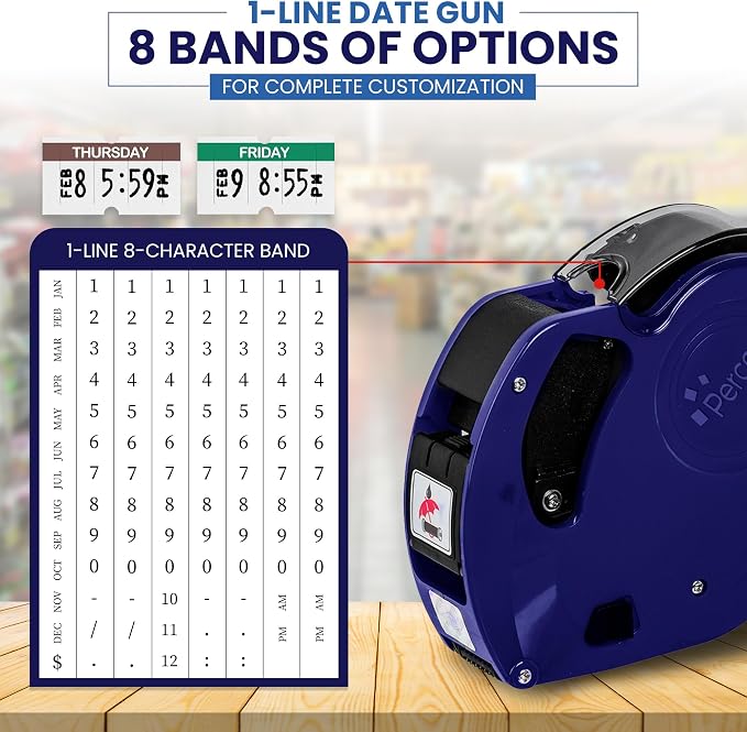 Perco Lite 1 Line Date Gun with Day of Week Labels Kit for Retail Business - Includes 1 Sleeve (7 Rolls), 1 Scraper - Preloaded Labeler Gun w 2 Ink Rollers & 1 Gun Clip