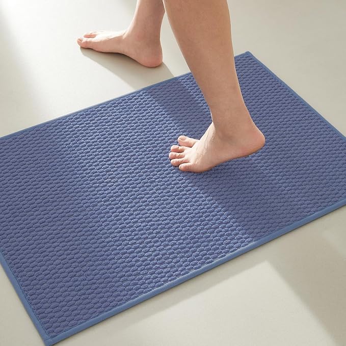 TYUU Bathroom Rugs Non Slip Washable, Super Absorbent Thin Bath Mat Small Quick Dry Low Pile Bathroom Rug, Denim Blue 20"x30"