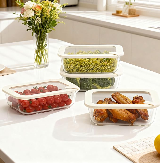Glass Food Storage Containers with Glass Lids, Microwave Safe Food Container Set, Airtight Food Container Set, LeakProof, 100% Plastic Free, White Color, 4pack