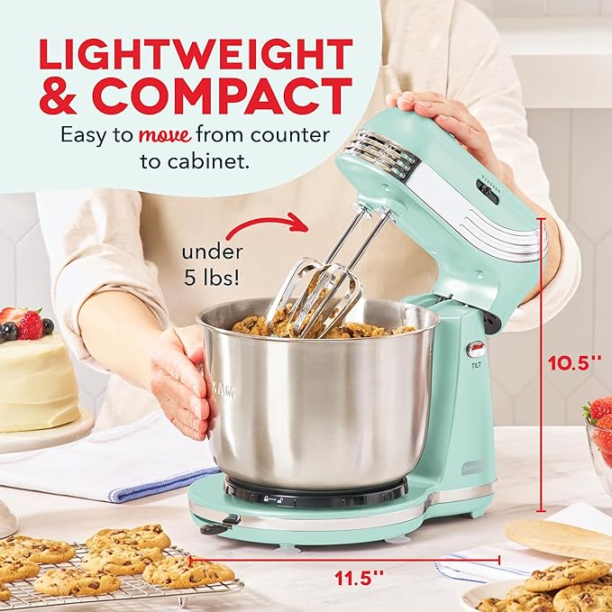 Dash Everyday Stand Mixer - Compact Tilt-Head Stand Mixer for Everyday Recipes - 6-Speed Power with Stainless Steel Bowl - Aqua, 3-Quart