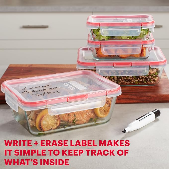 Pyrex Freshlock (4-Pack) Mixed Sized Glass Food Storage Containers Set, Airtight & Leakproof Plastic Locking Lids BPA-Free, Meal Prep Containers Set, Freezer Dishwasher Microwave Safe