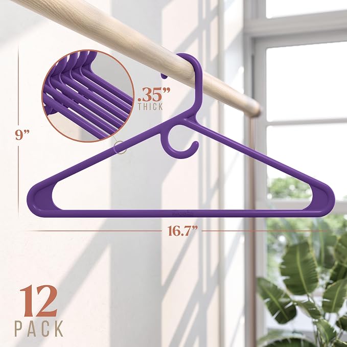 NEATERIZE Thick Heavy Duty Hangers - Purple Plastic Clothes Hangers 12 Pack - Great for Coat Hanger, Jackets Jeans & Suit Hanger for Closet, New Apartment Essentials Percheros Ganchos para Colgar Ropa