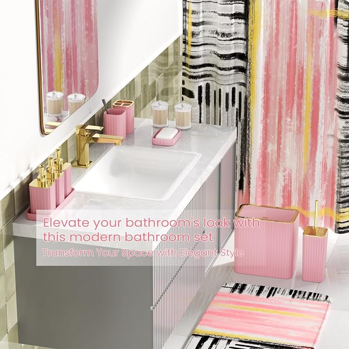 Bathroom Set - Bathroom Accessory Set, Pink Bathroom Set, 26PC Bathroom Sets with Shower Curtain and Rugs, Toilet Brush, Trash Can, Qtip Holder & Bathroom Soap Dispenser Set