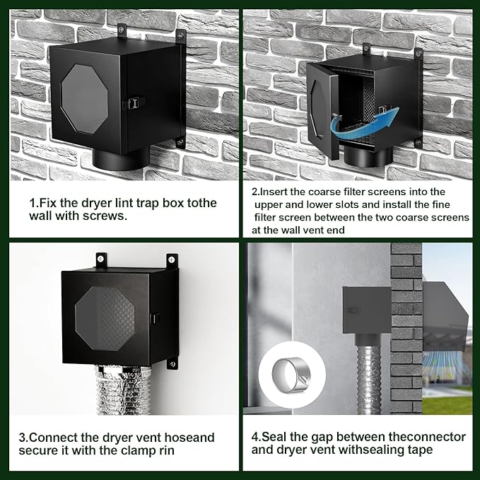 Dryer Lint Trap, Metal Dryer Duct Lint Trap Lint Catcher Collector Box with 90 Degree Dryer Vent Elbow, Secondary laundry lint catcher Connector Kit for Electric Dryer - Easy to Install & Maintain