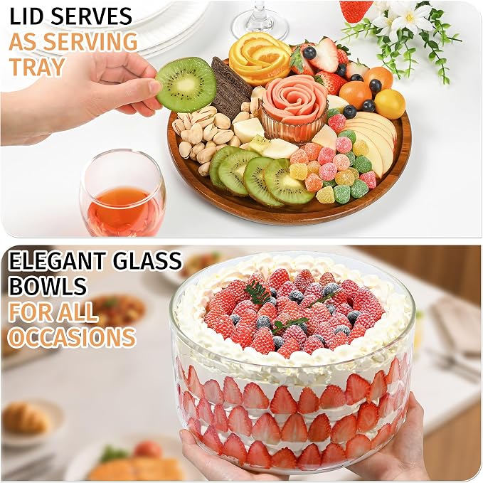 155 Oz Large Glass Trifle Bowl, Glass Salad Bowl with Acacia Wood Lid, Premium Serving Bowls for Cake, Salad, Fruit, Baking, Dessert, Meal Prep, Storing, Microwave & Oven Safe, BPA Free