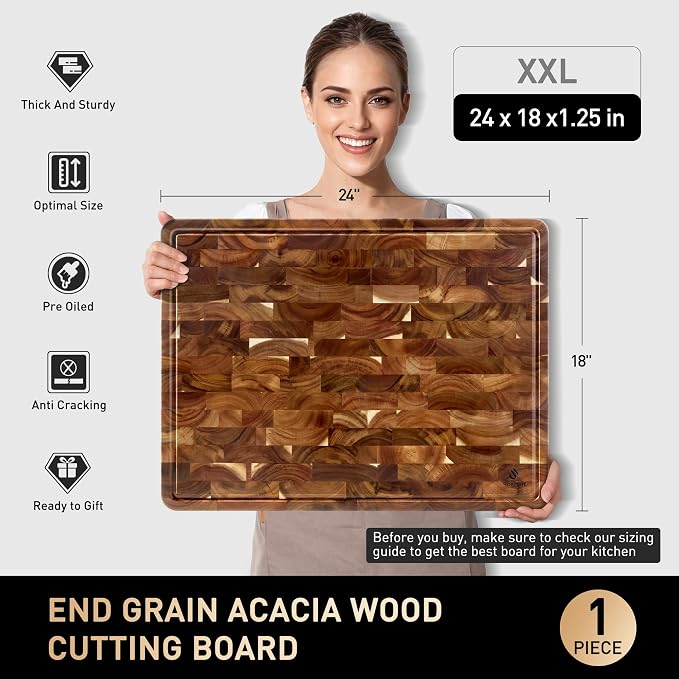Extra Large End Grain Cutting Board for Kitchen with Non-slip Feet, Acacia Wood Heavy Duty Checkered Cutting Board with Juice Groove & Handle Handcrafted Luxury Chopping Board for Meat, Vegetables