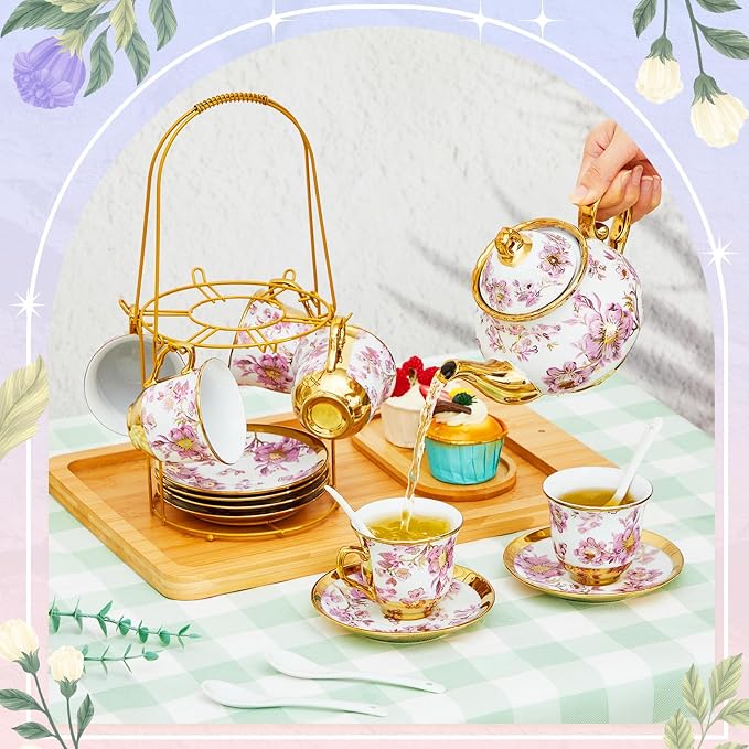 Zhehao 20 Pcs Porcelain Tea Set with Metal Holder and Spoon Adult Ceramic Tea Set European Flower Painting Teapot Cup Saucer Spoon for Women Mom Gift, Large Version (Purple Style)
