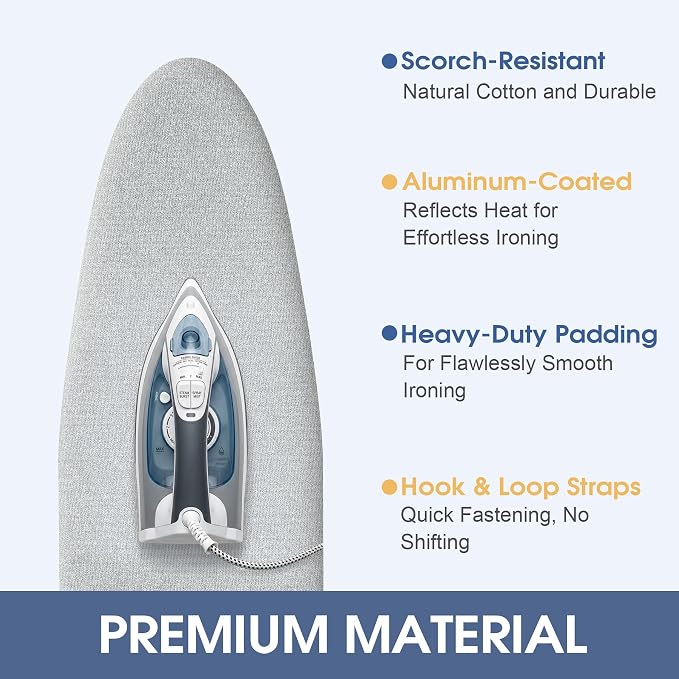 Ironing Board Cover and Pad for Standard Size 15" x 54", Sliver | Aluminum Coating, Thick Scorch & Stain Resistant Padding, Heavy Duty Iron Board Cover with Elastic Edge, Adjustable Fastener