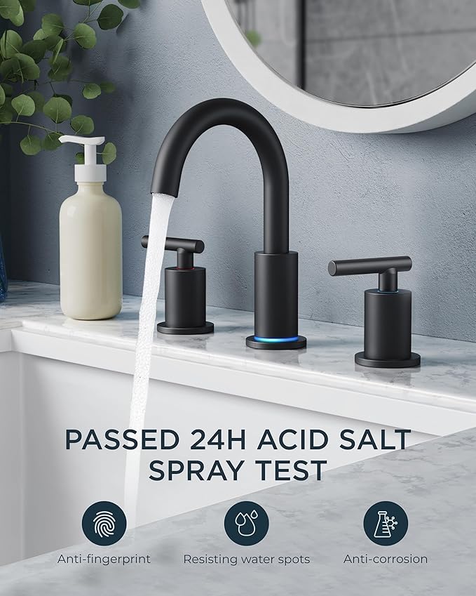FORIOUS LED Bathroom Faucet Black 3 Hole with Temperature Changing 3 Color Lights, 8" Widespread Matte Black LED Bathroom Sink Faucet 3 Hole with Pop Up Drain, Supply Lines, 360° Swivel Spout