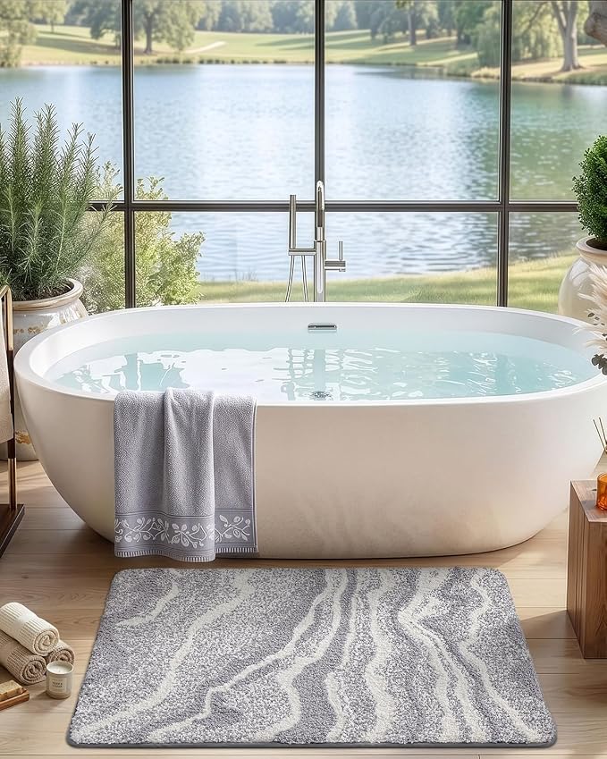 DEXI Bathroom Rug Mat 36x24, Soft and Absorbent Marble Bath Mat, Non Slip Machine Washable Bath Rugs for Shower Floor, Tub, Sink, Grey