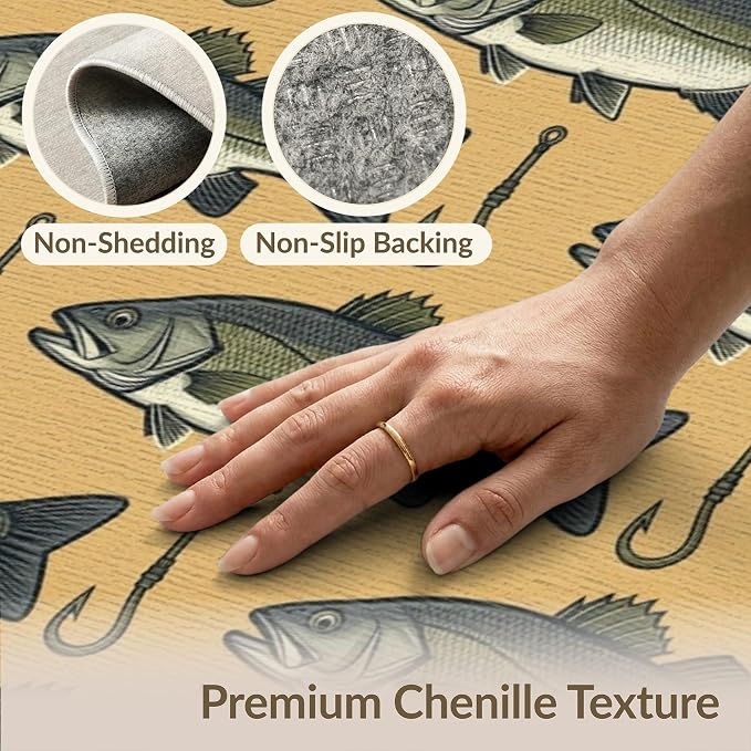 4'x6' Washable Area Rug Bass Lure Hook Motif Tackle Border Angler Lake Vintage Fish Fishing Refined for Dorm Room, Small Living Apartment, Stain Resistant Low Profile