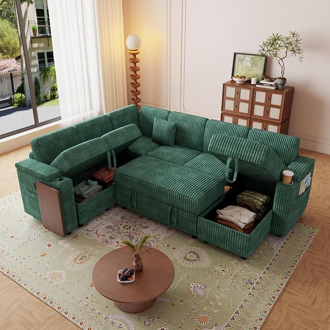 L-Shaped Sectional Sleeper Sofa with Pull Out Bed, Green | Plush Corduroy, Reclining Backrest, Storage Chaise, Usb Ports, Cup Holders & Table – Modular Cloud Couch for Living Room
