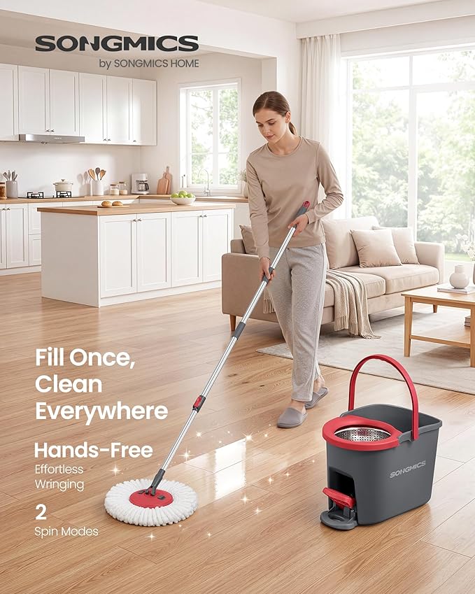 SONGMICS Spin Mop and Bucket Set with Pedal Wringer, Floor Cleaning Mop, Adjustable Telescopic Handle, Max. 59.1-Inch Length, 360° Rotating Head, 2 Microfiber Pads, Gray and Red ULMB002GT02