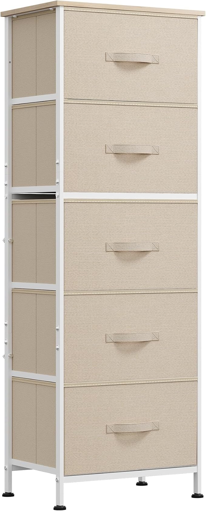 WLIVE Fabric Dresser, 5-Drawer Tall Dressers for Bedroom, Storage Dresser Organizer with Fabric Bins, Wood Top, Sturdy Steel Frame, Chest of Drawers for Closet, Hallway, Cream White