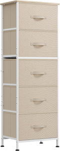 WLIVE Fabric Dresser, 5-Drawer Tall Dressers for Bedroom, Storage Dresser Organizer with Fabric Bins, Wood Top, Sturdy Steel Frame, Chest of Drawers for Closet, Hallway, Cream White