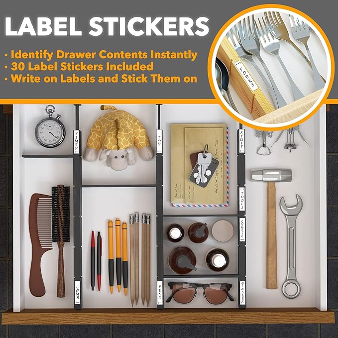 SpaceAid Bamboo Drawer Dividers with Inserts and Labels, Kitchen Adjustable Drawer Organizers, Expandable Organization for Home, Office, Dressers, 4 Dividers with 9 Inserts (17"-22" Black)