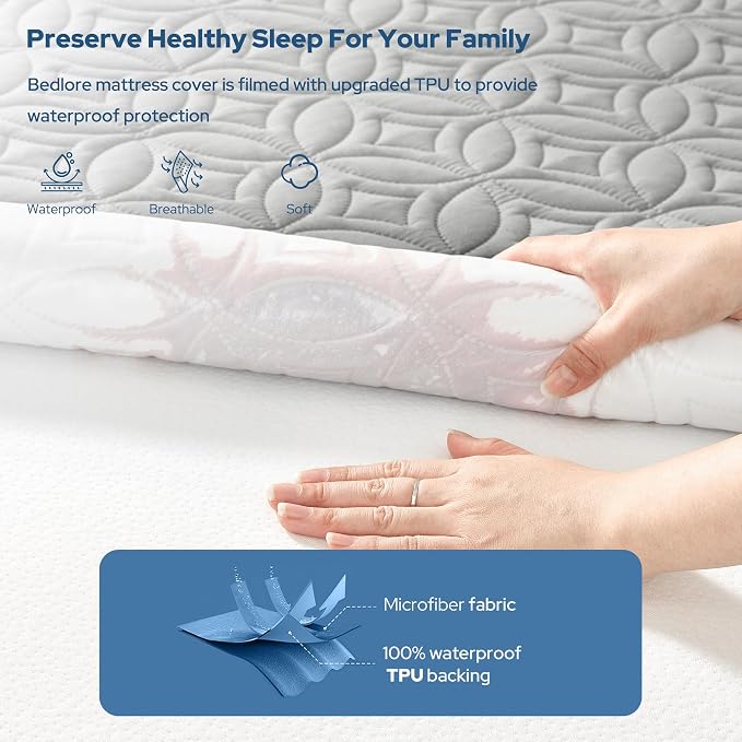BEDLORE Waterproof Mattress Protector, Twin XL Size Mattress Pad with Deep Pocket 6"-15" Depth, Soft Dirt-Proof Double Bed Mattress Cover for Bedroom, College Dorm, Hotel (Light Gray)