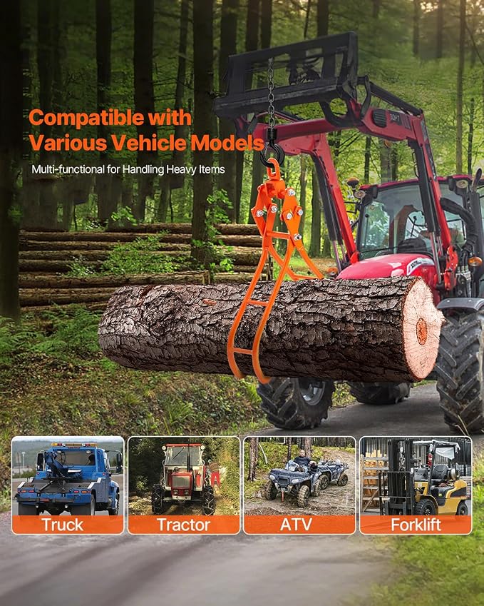 VEVOR Timber Claw Hook, 28 inch 4 Claw Log Grapple Logging Tongs, Swivel Steel Log Lifting Tongs 31" Max Opening, Eagle Claws with 2205LBS/1000kg Loading Capacity for Tractors, ATVs, Trucks, Forklifts