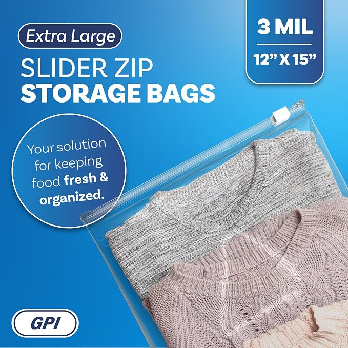 500 Count - Slider Zip Jumbo Food Storage Bags, 12" x 15" 3 Mil Heavy Duty, Extra Large, Strong & Durable For Freezer Storage. GPI