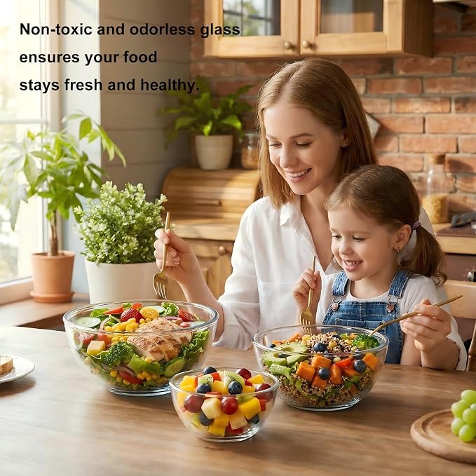 Borosilicate Glass Mixing Bowls Set of 3 (2.8, 2.2, 1.1QT) - Heavy Duty, Scratch Resistant, Non-Toxic & Lead-Free – Oven/Microwave/Dishwasher/Freezer Safe – Ideal for Meal Prep, Baking & Serving
