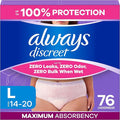 Always Discreet Adult Diapers for Women, Incontinence Underwear, Postpartum Essentials, Disposable Briefs, Max Absorbency, Bladder Leak Protection, Large, 76ct
