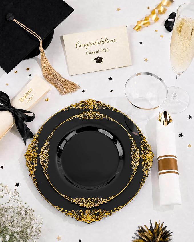 Nervure 350PCS Black Plastic Plates - Black Plastic Dinnerware Sets for 50 Guests - 100 Disposable Plates, 150 Gold Silverware, 50 Cups, 50 Napkins for Wedding & Party & Graduation & Retirement