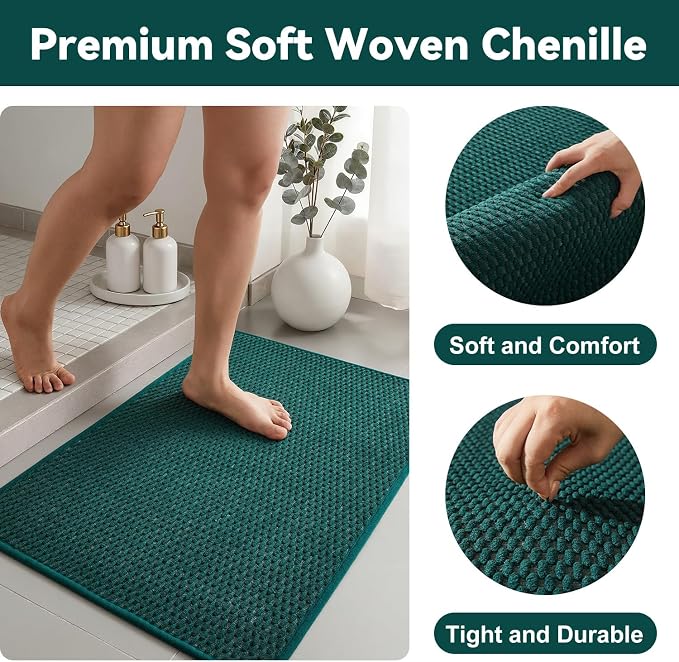 Triohero Bathroom Rugs Non Slip Washable, Super Absorbent Thin Bath Mat Small Quick Dry Low Pile Bathroom Rug, Dark Green 16"x24"