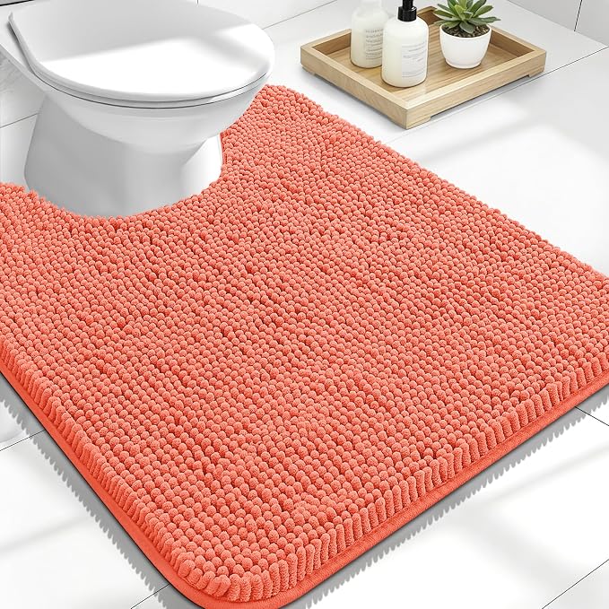 OLANLY Toilet Rugs U-Shaped 24x20, Extra Soft Absorbent Chenille Contour Bathroom Rugs for Toilet, Dry Quickly, Machine Washable, Non-Slip Bath Mat, Coral