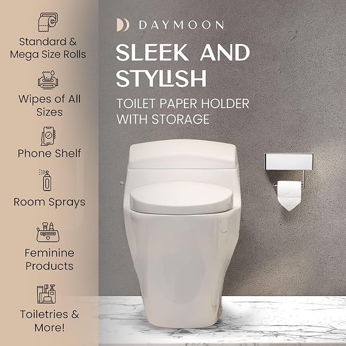 Day Moon™ - Toilet Paper Holder with Shelf - Modern Roll Holder for Bathroom - 1 Pack - Wall Mount - with Storage, Polished Chrome