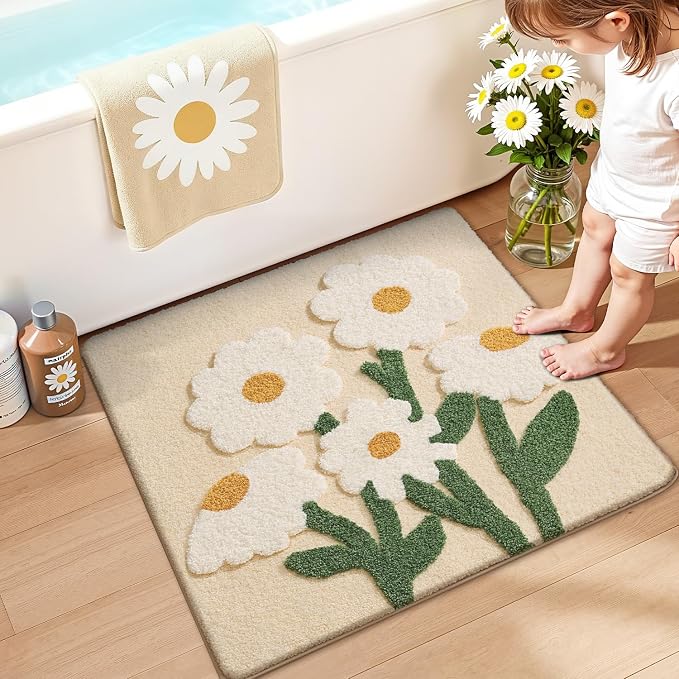 LUMI Bathroom Rugs Cute Daisy, Soft Absorbent Square Bath Mat Non-Slip, Machine Washable Quick Dry Beige Luxury Rug Flower for Kids Room, Bathtub, Home Decor, 32"x32"