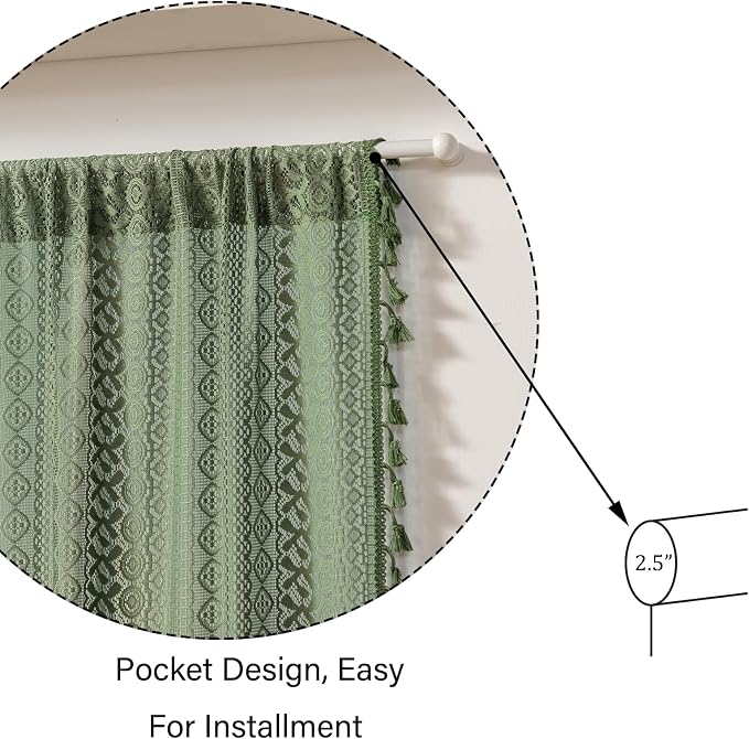 Sutuo Home Green Door Curtains 2 Panels for Doorway Glass & Sidelights, French Country Handmade Tassels Vintage Chic Privacy Drapes Xmas Olive Boho Curtains for Front Door, Rod Pocket 25" W x 40" L