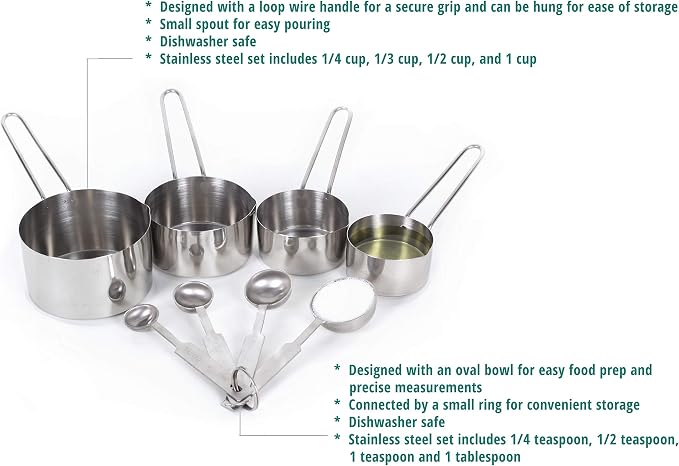 CucinaPrime Stainless Steel Mixing Set Mixing Bowls (1.5, 3, 4, and 5 Quart) Measuring Cups and Measuring Spoons