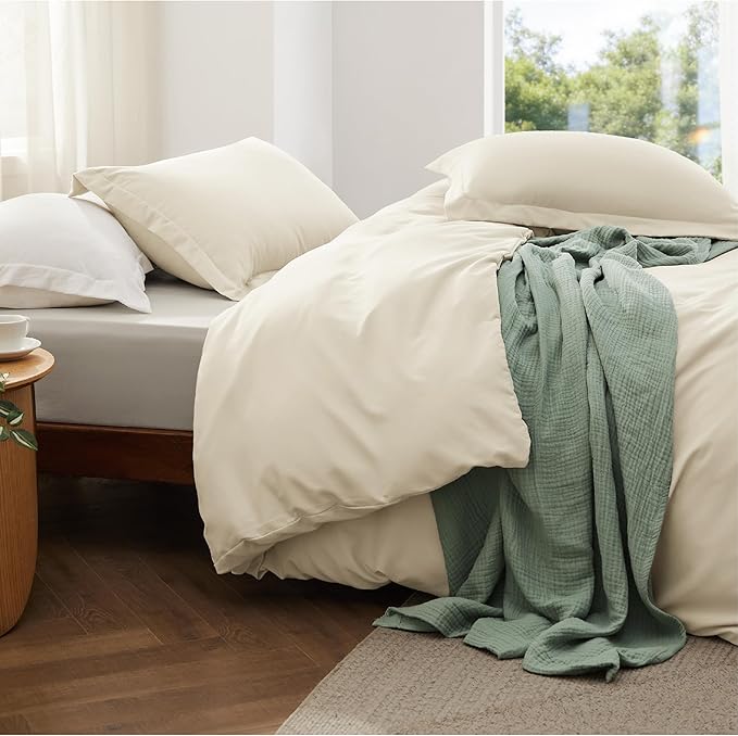 Bedsure California King Size Duvet Cover with Fitted Sheet - 4 Pieces Prewashed Cotton-Like Polyester Soft Bedding Set, Includes 1 Duvet Cover 104''x98'', 2 Pillow Shams, 1 Fitted Sheet, Oat Milk