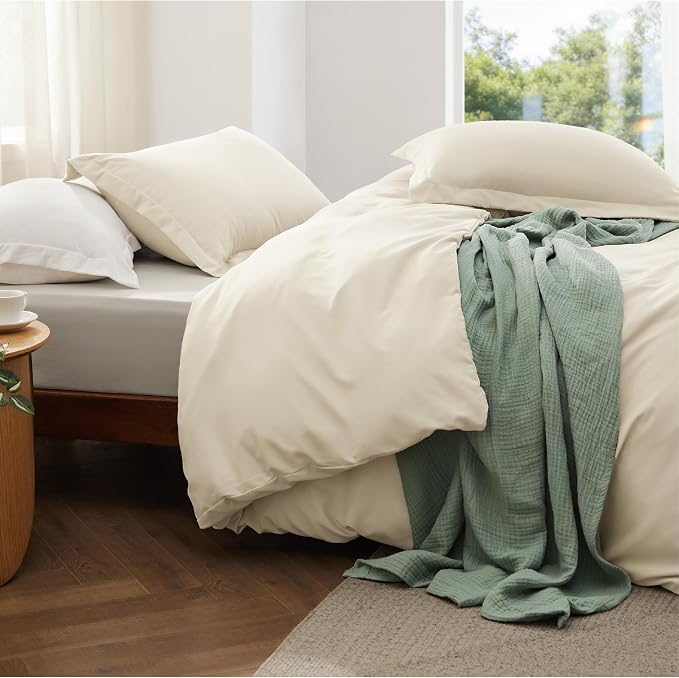 Bedsure Duvet Cover Full Size with Fitted Sheet - 4 Pieces Prewashed Polyester Soft Bedding Set, Includes 1 Duvet Cover 80x90 Inches with Zipper Closure, 2 Pillow Shams, 1 Fitted Sheet, Oat Milk