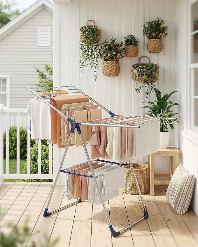 Sakugi Clothes Drying Rack with Height-Adjustable Wings, Metal Foldable Laundry Dryer Stand for Clothing & Bedding, Free-Standing Collapsible for Indoor & Outdoor Use, 55.5" L × 22.8" W, Silver Blue