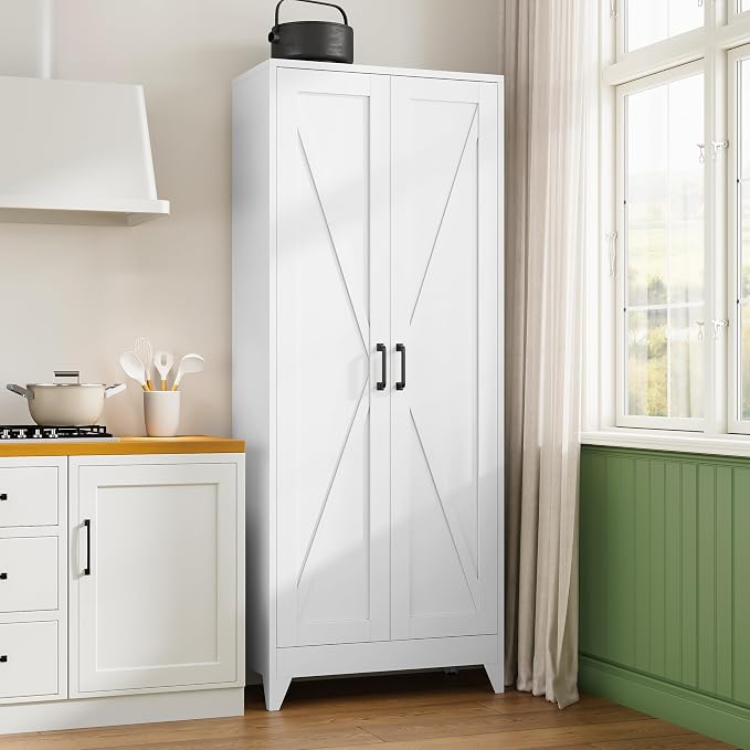 75" H Metal Storage Cabinet with 2 Doors and 4 Shelves,Tall Kitchen Pantry Cabinets,Farmhouse Utility Pantry Organizers for Cupboard/Dining/Bathroom/Home Office/Garage,White