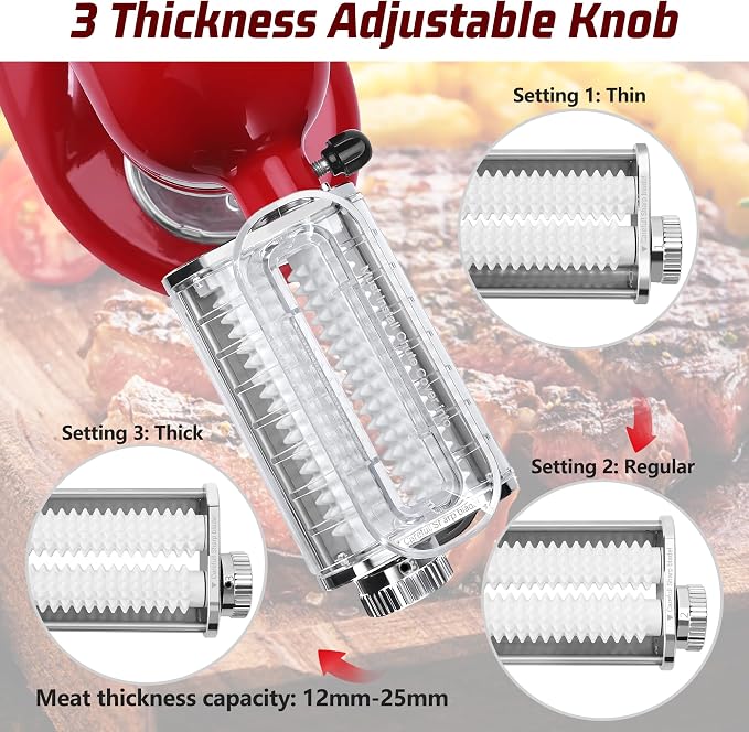 Meat Tenderizer Attachment for Kitchenaid Stand Mixers, 3 Adjustable Thickness, Meat Tenderizer Machine with Transparent Cover, Meat Cuber Accessories for Kitchen aid, Dishwasher Safe