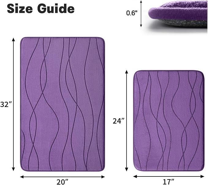 YIHOUSE Bathroom Rugs Set 2 Piece, Memory Foam Bath Mat Purple | 17x24& 20x32, Ultra Soft, Absorbent, Non-Slip, Machine Washable, for Bathroom, Sink and Toilet