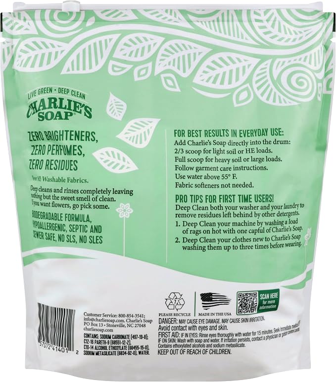 Charlie’s Soap Laundry Powder (300 Loads, 2 Pack) Hypoallergenic Deep Cleaning Washing Powder Detergent – Eco-Friendly, Safe, and Effective