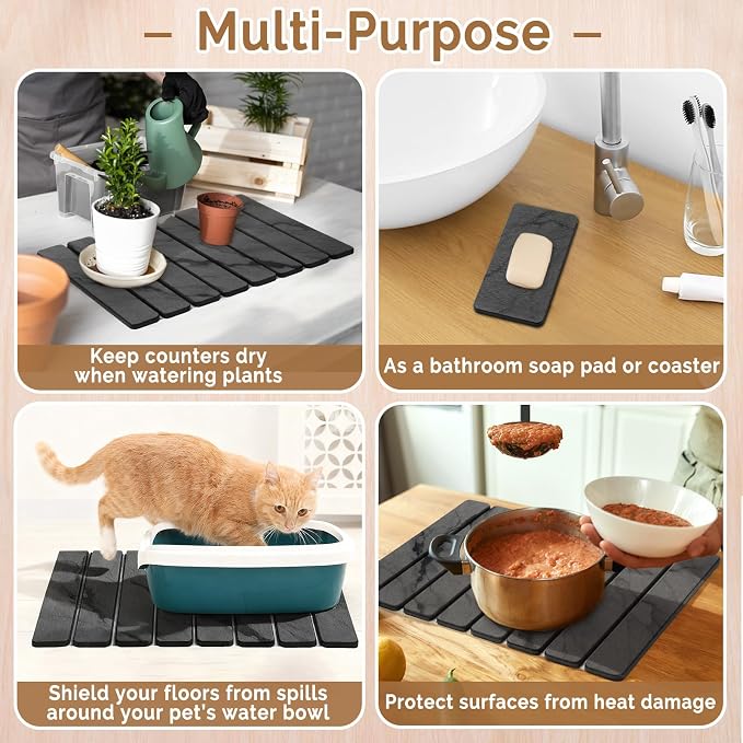 2 PCS Stone Dish Drying Mat for Kitchen Counter,Quick Dry Stone Dishes Mats,Marbled Water Absorbing Diatomaceous Earth Drying Pad for Countertop Bottles Utensils Cups（Dark Gray 20"×14" & 8"x4"）
