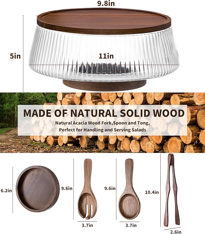 Extra Large Glass Salad Bowl Set, 4.8Qt Mixing Bowl with Acacia Wood Lid, Base and Salad Serving Utensils, Ribbed Serving Bowl Trifle Bowl, Practical Salad Bowls for Kitchen,Parties,Christmas