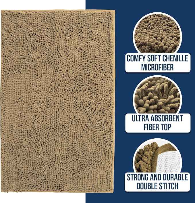 Muddy Mat® | Chenille Bathroom Rugs Quick Dry Microfiber Mats Non Slip Washable, Extra Thick, Soft and Highly Absorbent Bath Mats for Bathroom, Kitchen, and Shower Floor - Beige 24"x36"