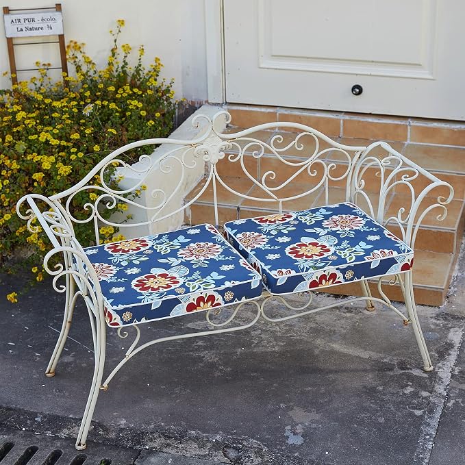 JMGBird Outdoor Chair Cushions Set of 2 - Waterproof Patio Seat Cushions 19x19 Inch with Ties, Blue Flower Floral Pattern High Density Foam Square Cushions for Garden Furniture