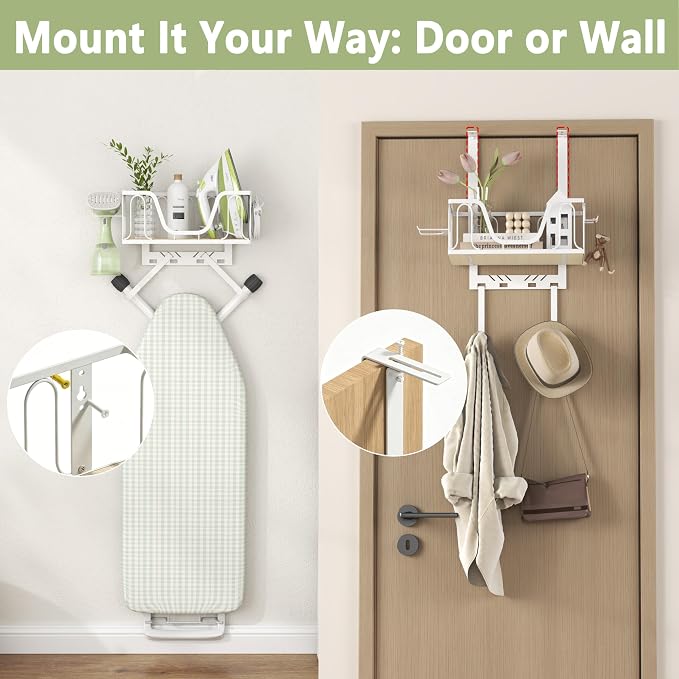 Ironing Board Hanger, CUFURNIX Wall Mount or Over the Door Iron Holder, Adjustable for Door Thickness, Fits T and Y Shaped Legs, High-Sided Basket & Side Hooks for Laundry, Sewing Room, White