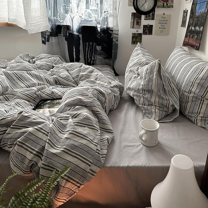 mixinni Vintage Gray & White Striped Duvet Cover Set - 3 Piece 100% Washed Cotton Full Size Bedding | Minimalist Gender-Neutral Design | Ultra-Soft Breathable, with Zipper Closure & Corner Ties