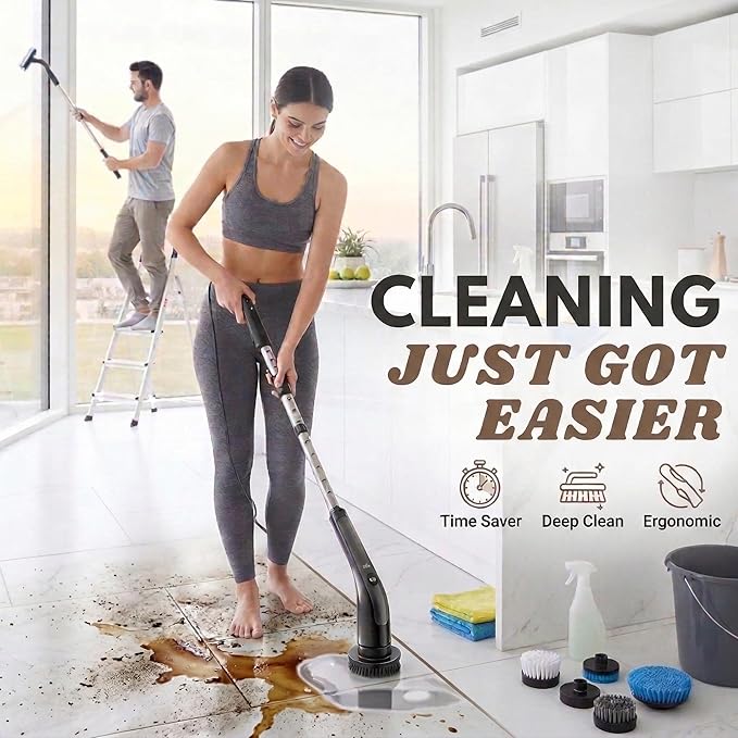 LIVINGPRO Electric Spin Scrubber with LCD Display, Cordless Cleaning Scrubber for Home, Upgraded 70W Dual Speed Motor, IPX7 Waterproof Power Scrubber, 7 Brush Heads, Extendable Long Handle