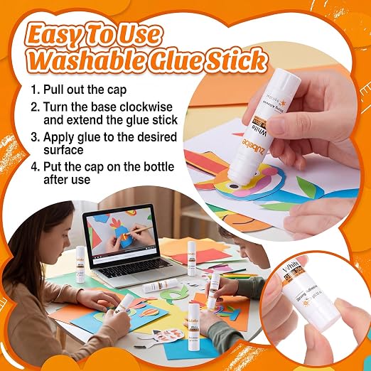 Zubebe 200 Count Glue Stick Bulk, 0.32 oz, 9g, Washable White Glue Stick for Crafts Home Back to School Classroom Students Teachers Employees Scrapbooking Crafting Supplies (Stylish)