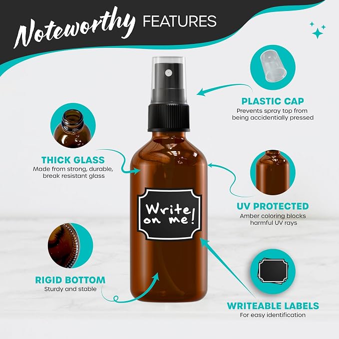 Nevlers 4 Oz Amber Glass Spray Bottles for Cleaning & Refreshment | 48 Pack Amber Glass Bottles | Mist Bottle Sprayer w/Shrink Wrap, Funnel, Brush, Marker & Labels | Small Spray Bottle for Hair & Face