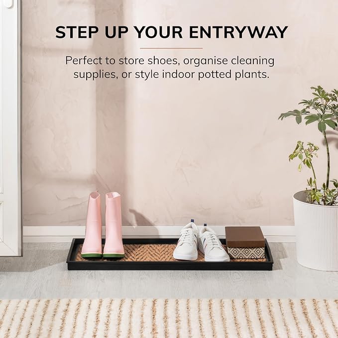 Anji Mountain Heavy Duty Waterproof Rubber Shoe Storage Mat Organizer/Boot Storage Tray Multi Use For Entryway with Coir, Tan and Black Insert , Fits 3 Pair (34.5" Wide)